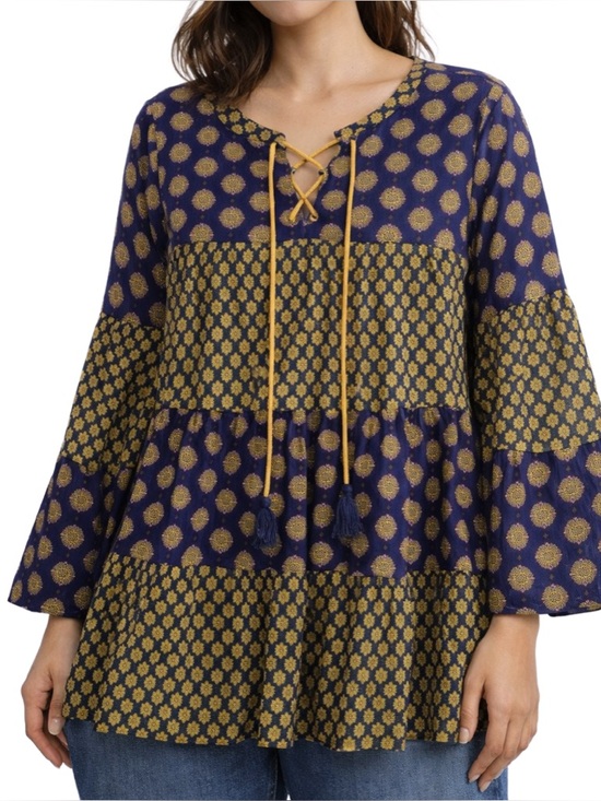 EARTHBOUND Tops - Earthbound Trading Co. Mixed Print Boho Tiered Cotton Navy Peasant Tunic, size M
